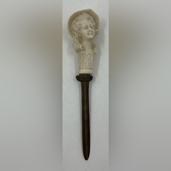 Vintage Letter Opener Victorian Woman Carved White Head w/ Bronze or Brass Blade